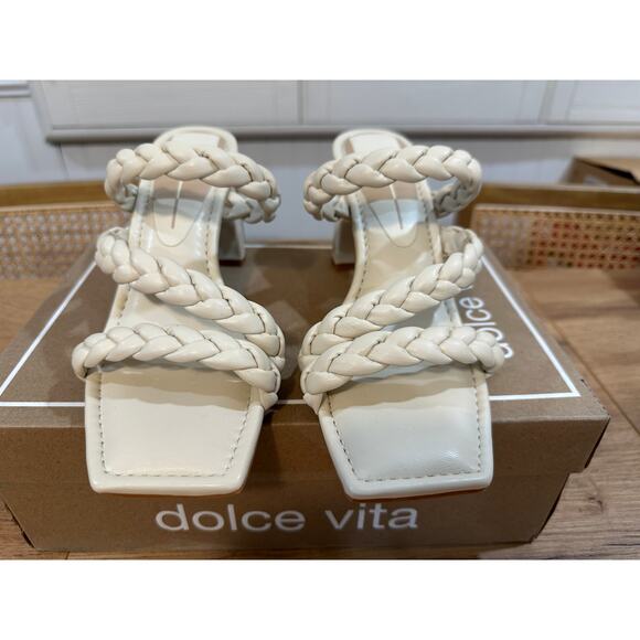 Dolce Vita Pang Heeled Sandals Ivory Stella Size 8 NIB Braided Slip On Strappy - Picture 5 of 13